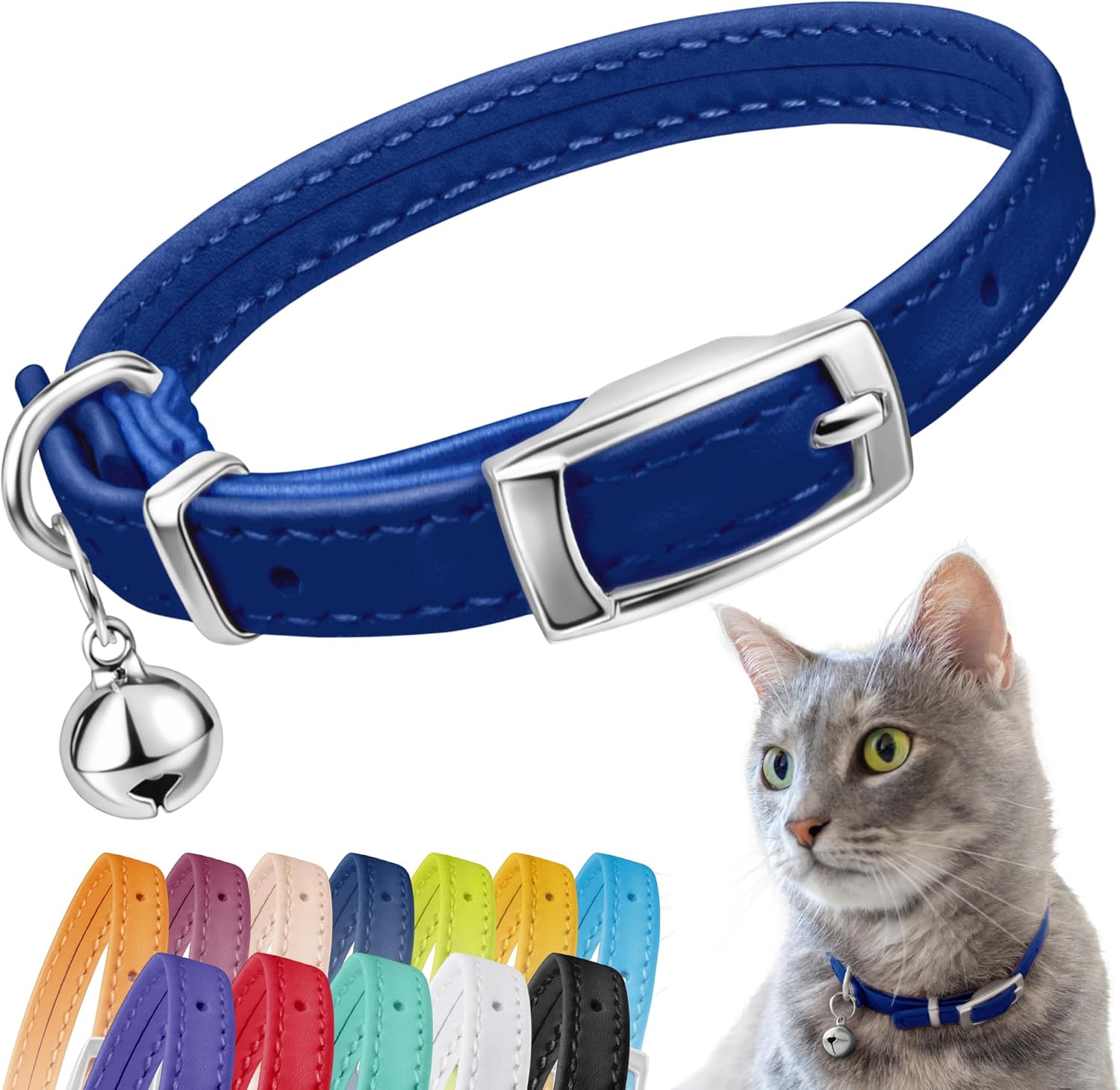 Soft Leather Cat Collar with Safety Elastic Strap - Navy Blue