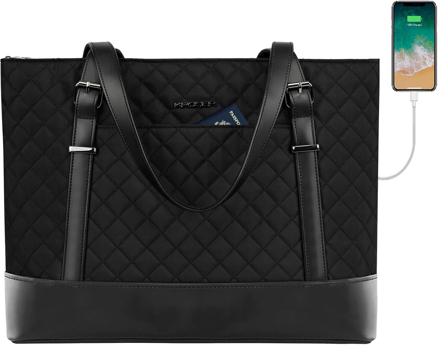 KROSER Laptop Tote bag 15.6 Inch Large Shoulder Bag Lightweight with USB Charging Port Water-repellent Nylon Computer Tote Bag Women