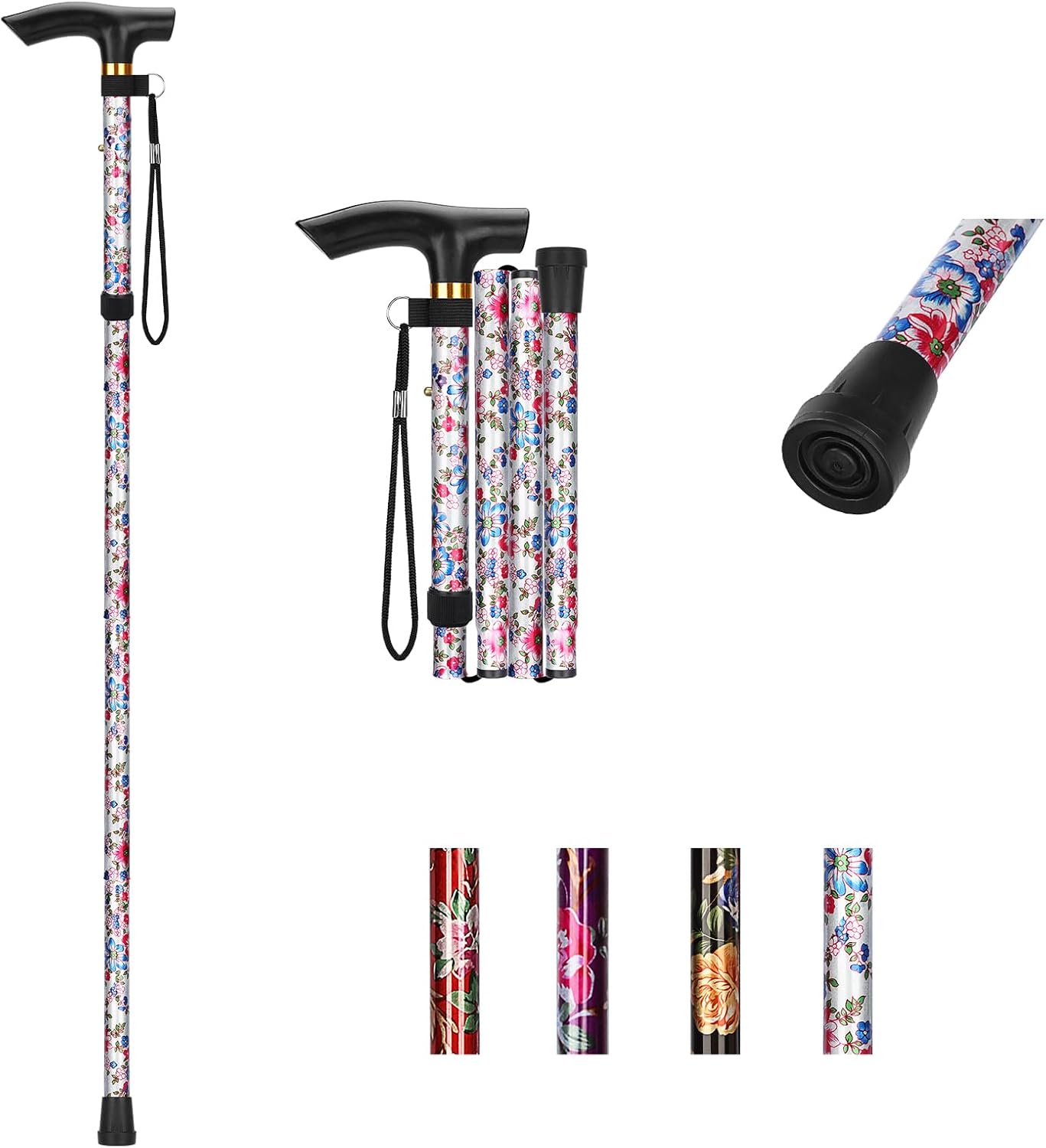 YF Walking Stick, Adjustable Folding Walking Sticks for Women and Men, Foldable Lightweight Travel Cane, Balancing Mobility Aid for Seniors Ladies with Wrist Strap and T Handle