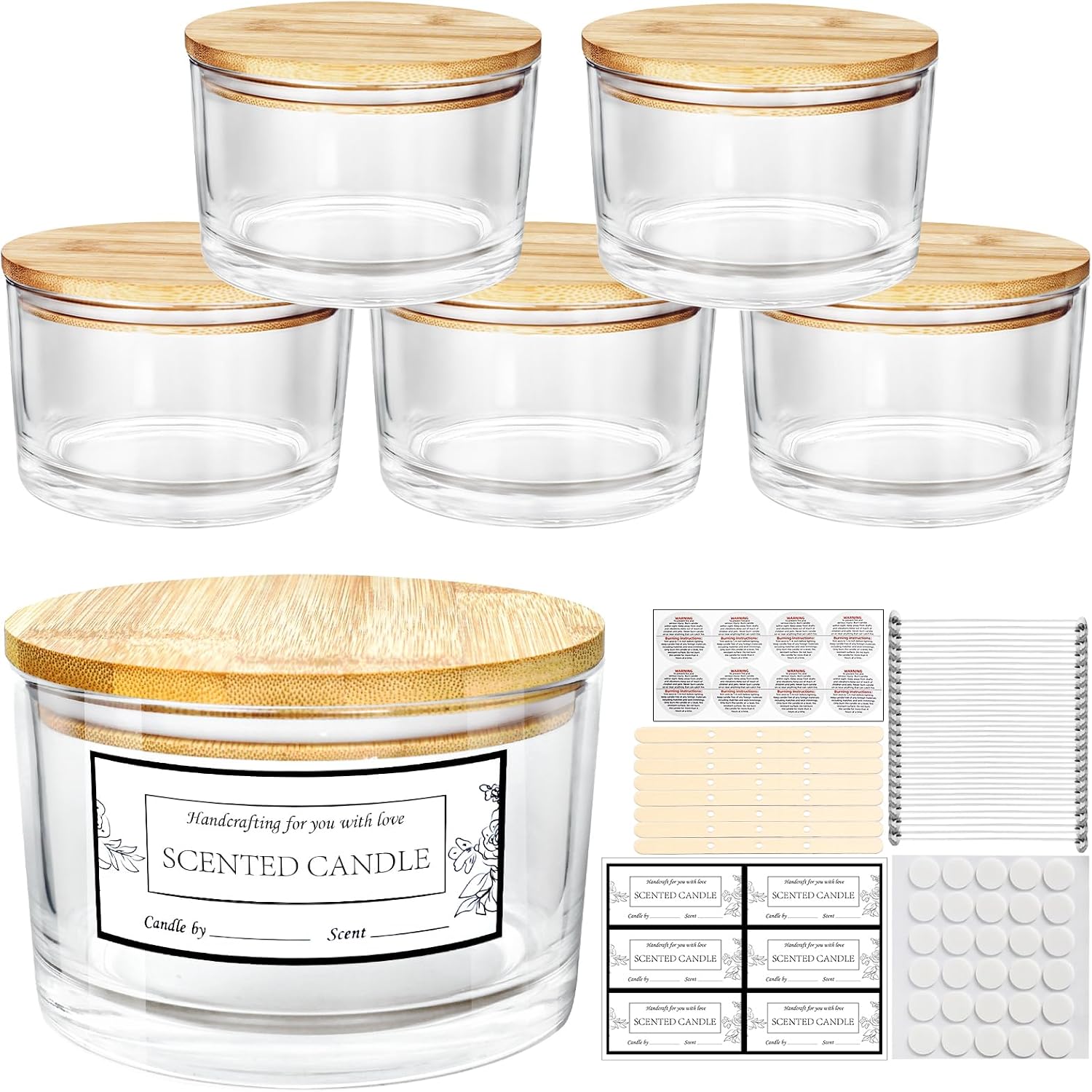 CONNOO 6 Pack 24oz Clear Glass Candle Jars with Airtight Bamboo Lids | Thick Glass, Wide Mouth Candle Containers, Luxury, Multi-Wick Compatible, Sticky Warning Labels & Wick Kit, Dishwasher Safe