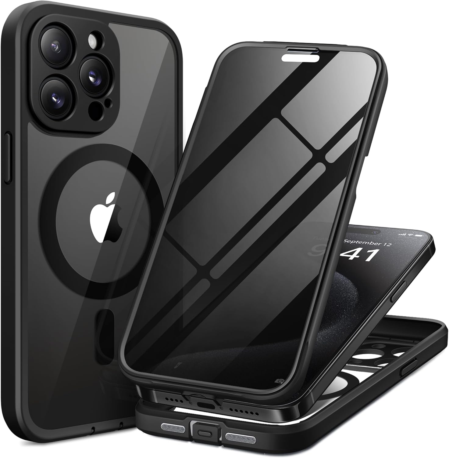 Magnetic for iPhone 15 Pro Case, Compatible with MagSafe, Built-in Privacy Screen Protector and Camera Protection, Anti Spy Full Body Dustproof Shockproof Hard Phone Case 6.1", Black