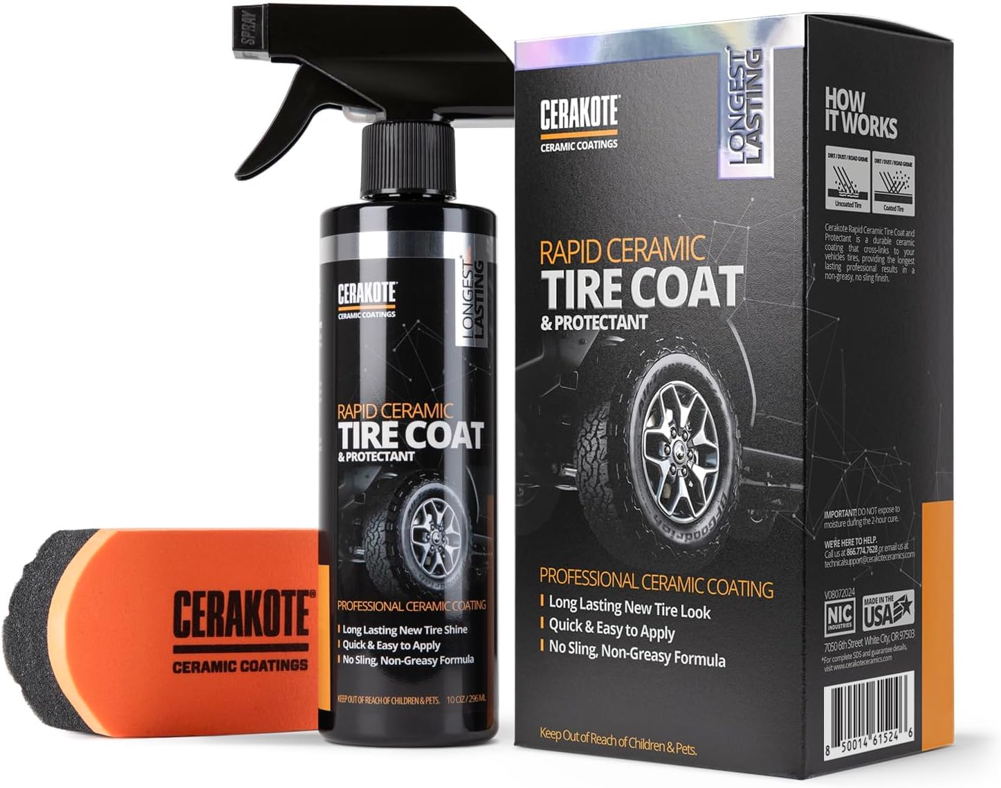 CERAKOTE Rapid Ceramic Tire Coat – Showroom New Tire Shine – Deep Tire Black Finish – Lasts Up to 10x Longer – No Sling, Non-Greasy Ceramic Tire Coating for Car, Truck & SUV – Easy Application (10oz)