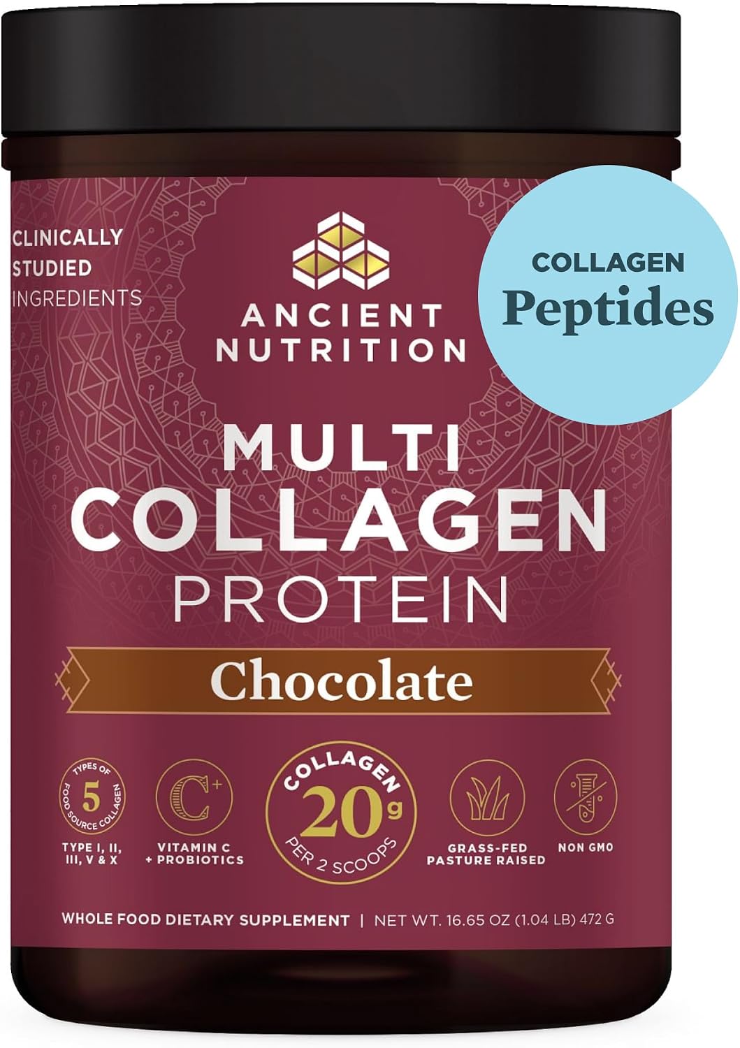 Ancient Nutrition Hydrolyzed Collagen Peptides Powder with Probiotics, Chocolate Multi Collagen Protein for Women and Men with Vitamin C, 40 Servings, Supports Skin and Nails, Gut Health, 16.65oz