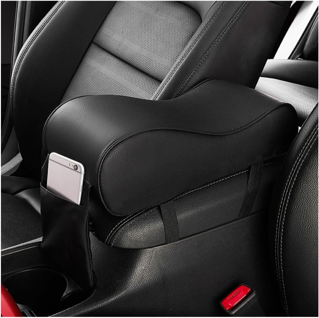 Car Armrest Cushion, Soft Memory Foam Car Center Console Cover, Skin-Friendly Waterproof PU Leather Car Center Console Armrest Pillow with Storage Bag, Car Interior Accessories (Black)