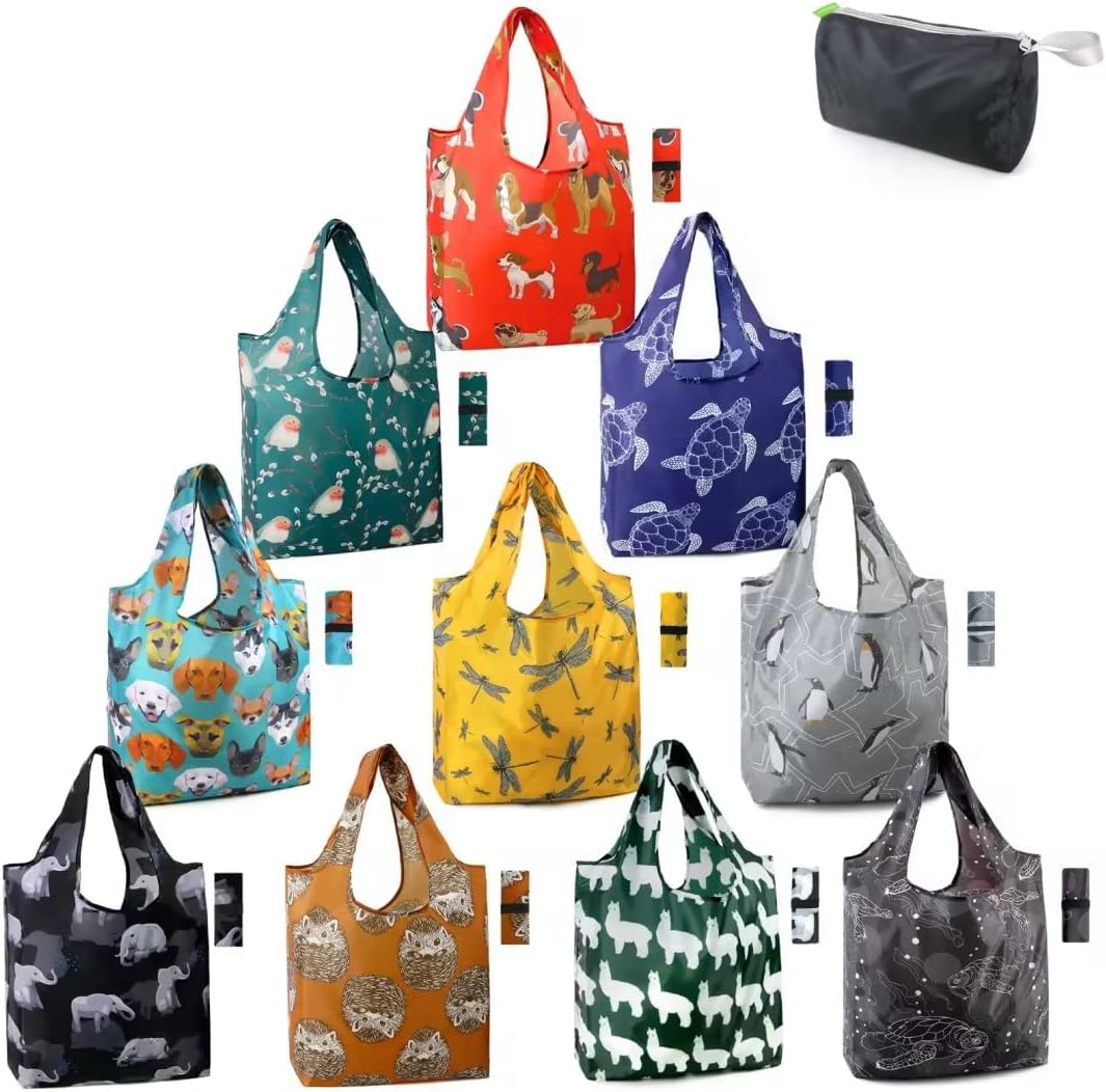 BeeGreen Animal Reusable Shopping Bags Grocery Totes 10 Pack with Zipper Carry Pouch Cute Shopper Bags XLarge Machine Washable Durable Gifts for Animal Lovers Women
