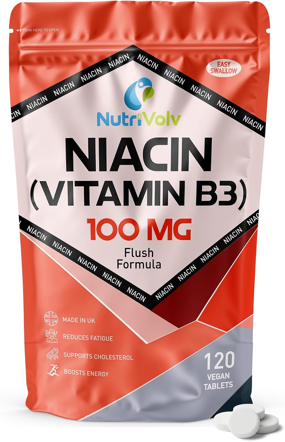 Nutrivolv Niacin Supplement Tablets | 100mg | Flush Formula | Pure Nicotinic Acid | Reduces Fatigue | Supports Healthy Cholesterol | Vitamin B3 for Men & Women | Vegan | Halal | Kosher | 120 Tablets