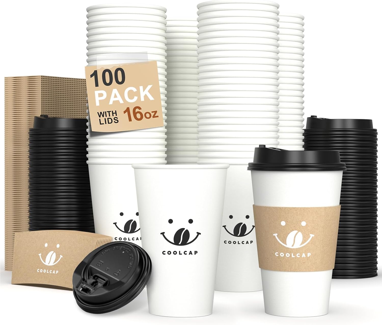 Coffee Cups with Lids and Sleeves, 16 Ounce 100 pack To Go Coffee Cups with Lids, Paper Hot Coffee Cups for Hot and Cold Beverage (White, 16 Ounce)