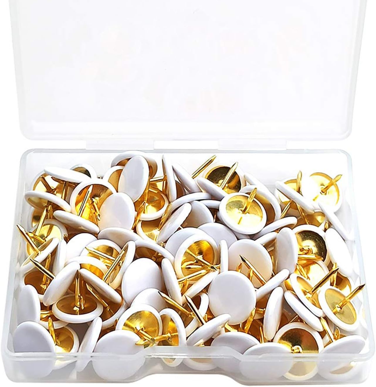 100 Pcs White Drawing Pins, Round Head Thumbtacks, Metal Push Pins with Storage Box for Pinboard, Bulletin Board, Office, Home
