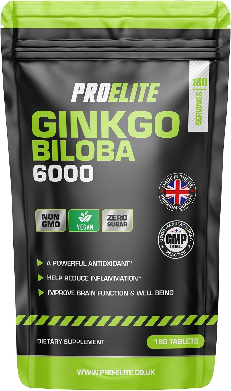 Ginkgo Biloba 6000mg 180 High Strength Vegan Tablets - Ginkgo Biloba Leaf 50:1 Extract | Gluten Free, GMO Free - Made in UK by PROELITE