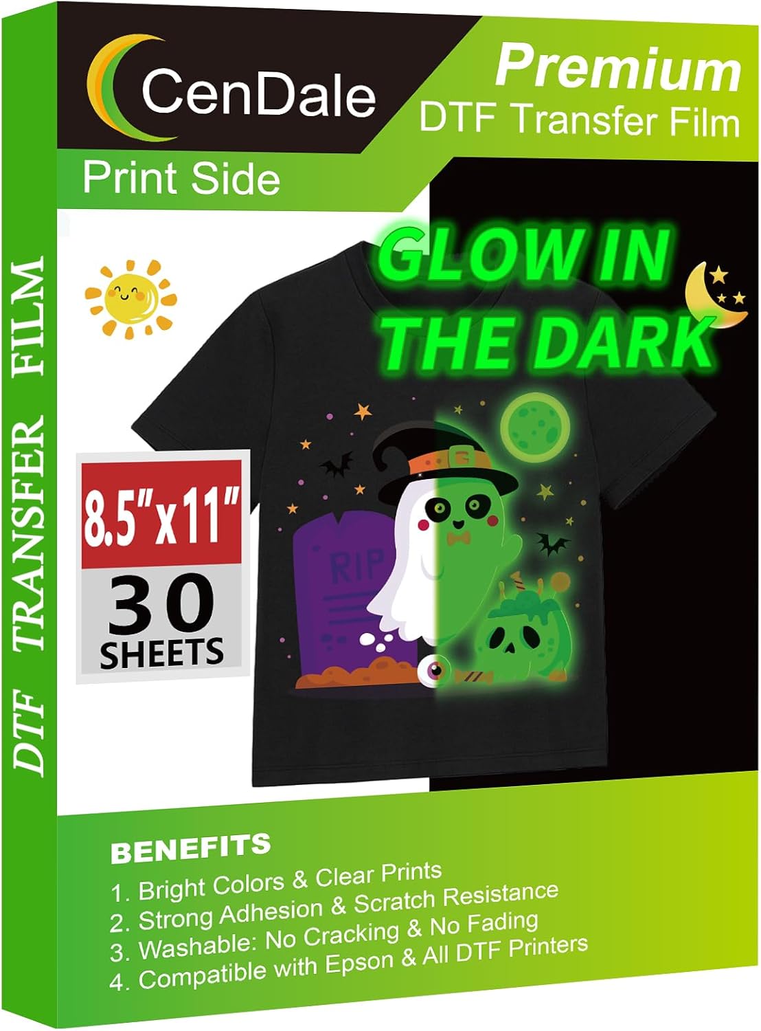 CenDale Glow in the Dark DTF Film 8.5 x 11 Inch 30 Sheets Glow in the Dark DTF Transfer Film for Dark/Light T Shirts Textile Bright Green Premium Film Directly for Filming DTF Paper