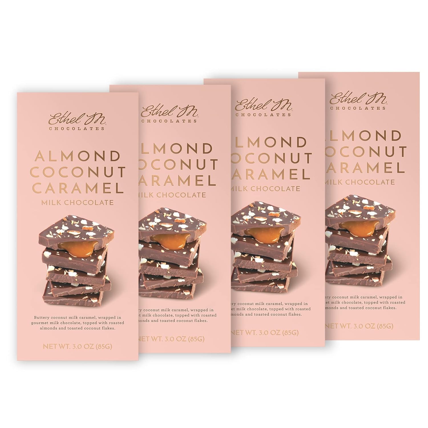 Ethel M Chocolates Small-Batch Gourmet Milk Chocolate Bar with Artisanal Coconut Caramel Soft Center and Topped with Roasted Almonds and Toasted Coconut Flakes (85g) - 4 bars