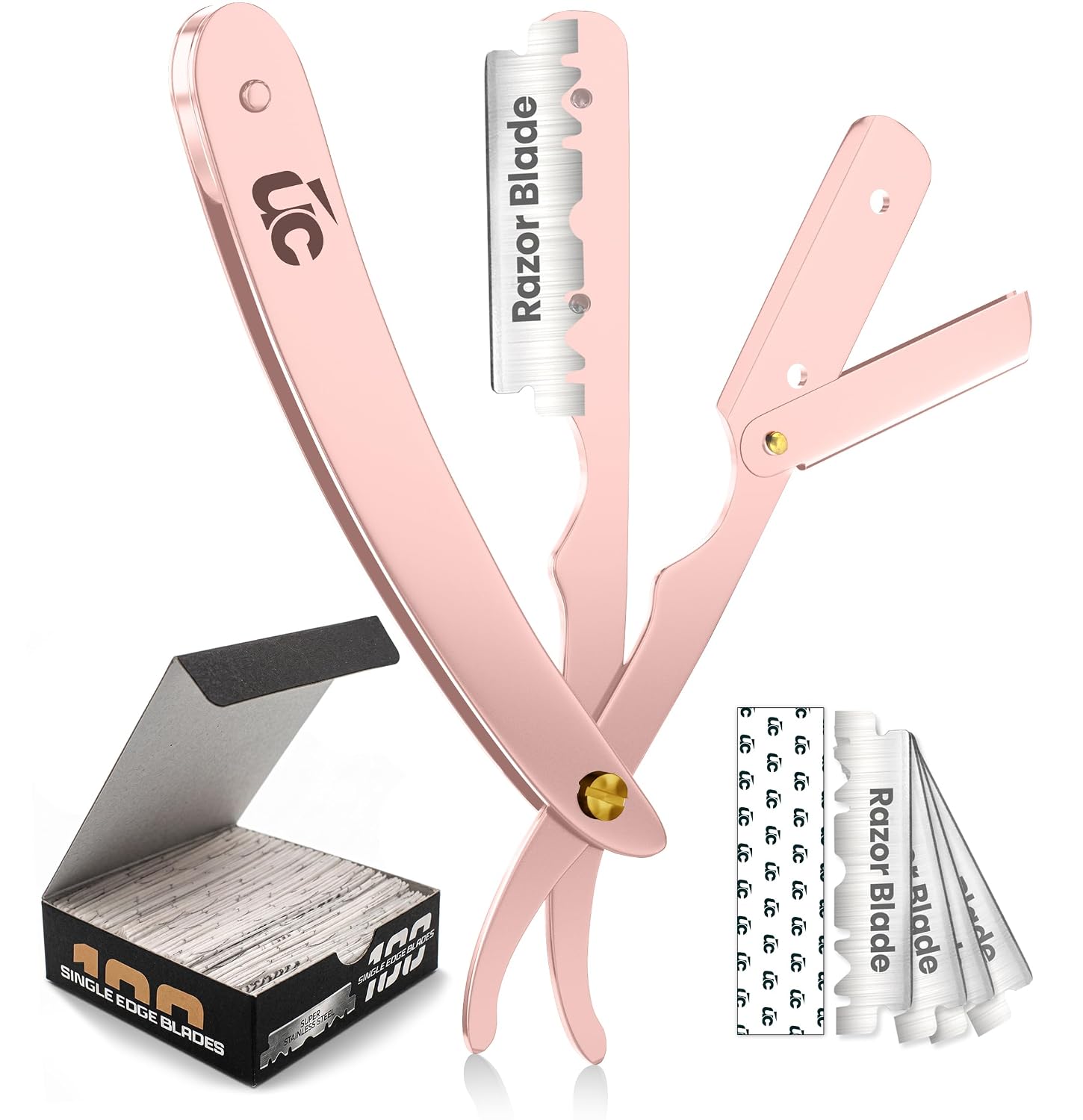 Utopia Care Professional Straight Razor for Men, Barber Straight Edge Razor Safety with 100 Pack Blades, Rose Gold