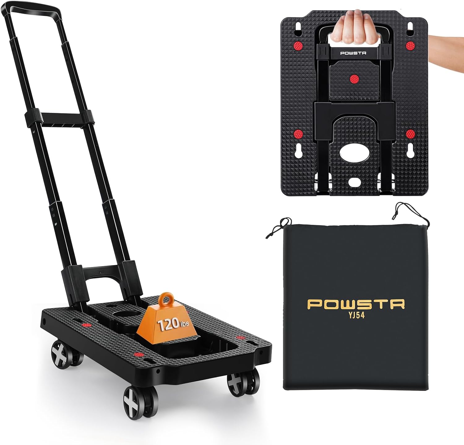 Ronlap Folding Hand Truck, 4 Wheels Fold Up Hand Cart with 2 Elastic Ropes, Portable 225KG Capacity Heavy Duty Luggage Cart, shopping trolley on wheels for Car House Office Luggage Moving, Black