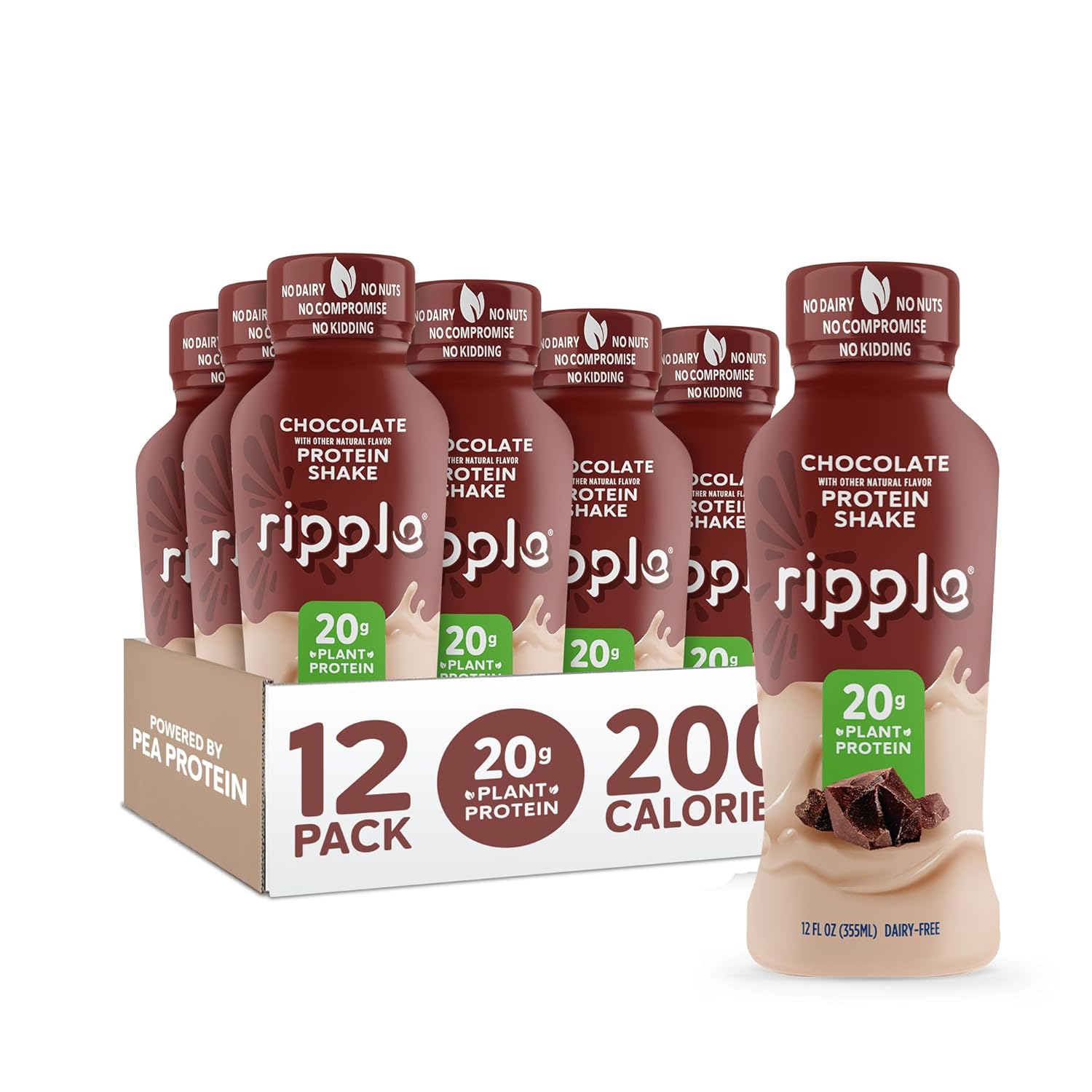 Ripple Vegan Protein Shake | Chocolate | 20g Nutritious Plant Based Pea Protein | Shelf Stable | No GMOs, Soy, Nut, Gluten, Lactose | 12 Oz, 12 Pack