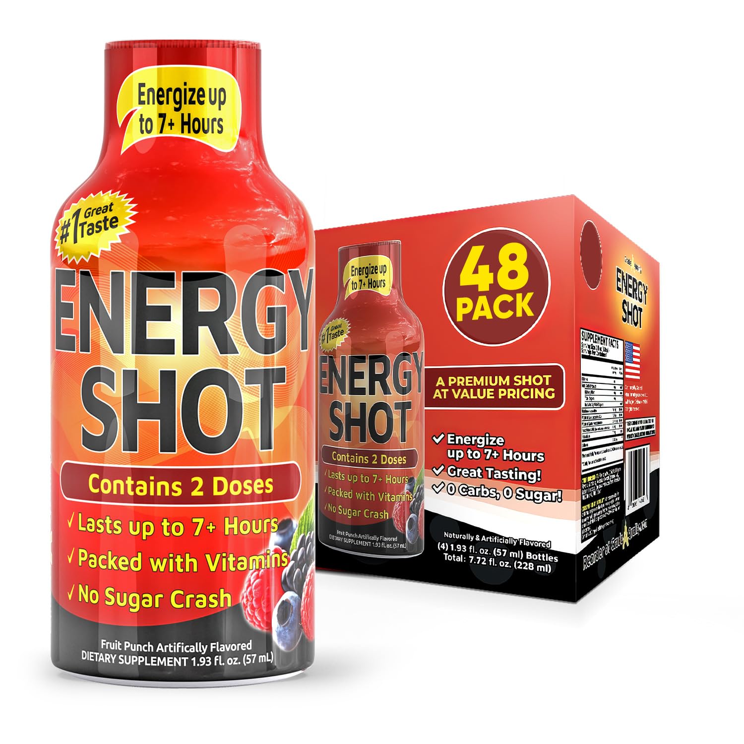 Fruit Punch Extra Strength Energy Shot 48 pk – 260mg Natural Caffeine B12 B6 – Energy & Focus Support – 2 Servings Sugar Free Zero Calorie Green Tea B-Vitamins Electrolytes Vegan – 1.93 fl oz