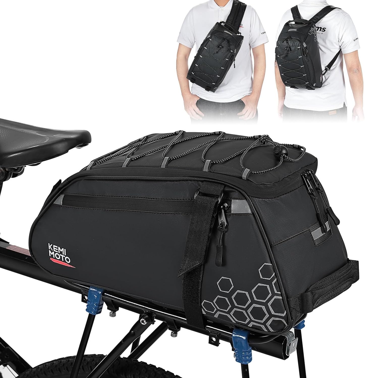 KEMIMOTO Rear Bike Rack Bag, 13L Water-resistant Trunk Bag 3-IN-1, Zippered Bicycle Backpack Shoulder Pannier Saddle Bag for Ebikes Cycling Commuting Travel Outdoor Camping