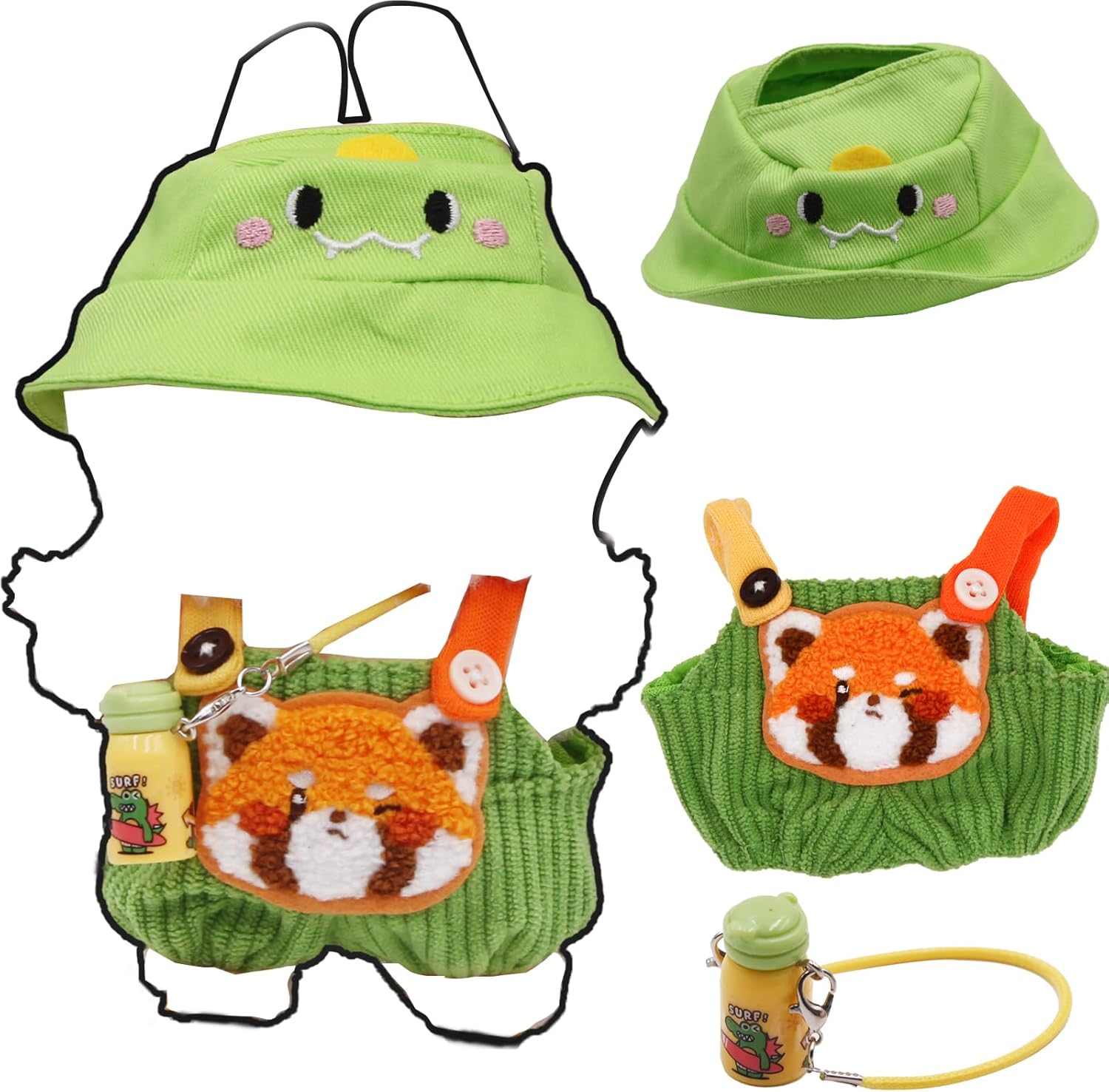 Doll Clothes Outfit for 17cm Dolls with Hat, Overalls & Water Bottle - Stylish, Easy Dress, Gift Giving for Collectors, Bag Accessories Pendant Doll Clothes (Green)