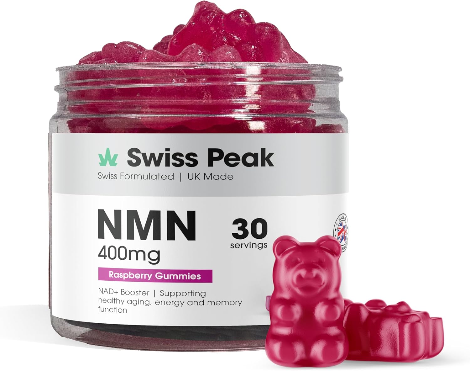 Swiss Peak NAD NMN Vegan Raspberry Flavour Gummies, 400mg per Gummy, 30 Count, Third-Party Lab-Tested, Maximum Strength, UK-Made | Anti-Aging, Cellular Repair, Energy Metabolism Booster
