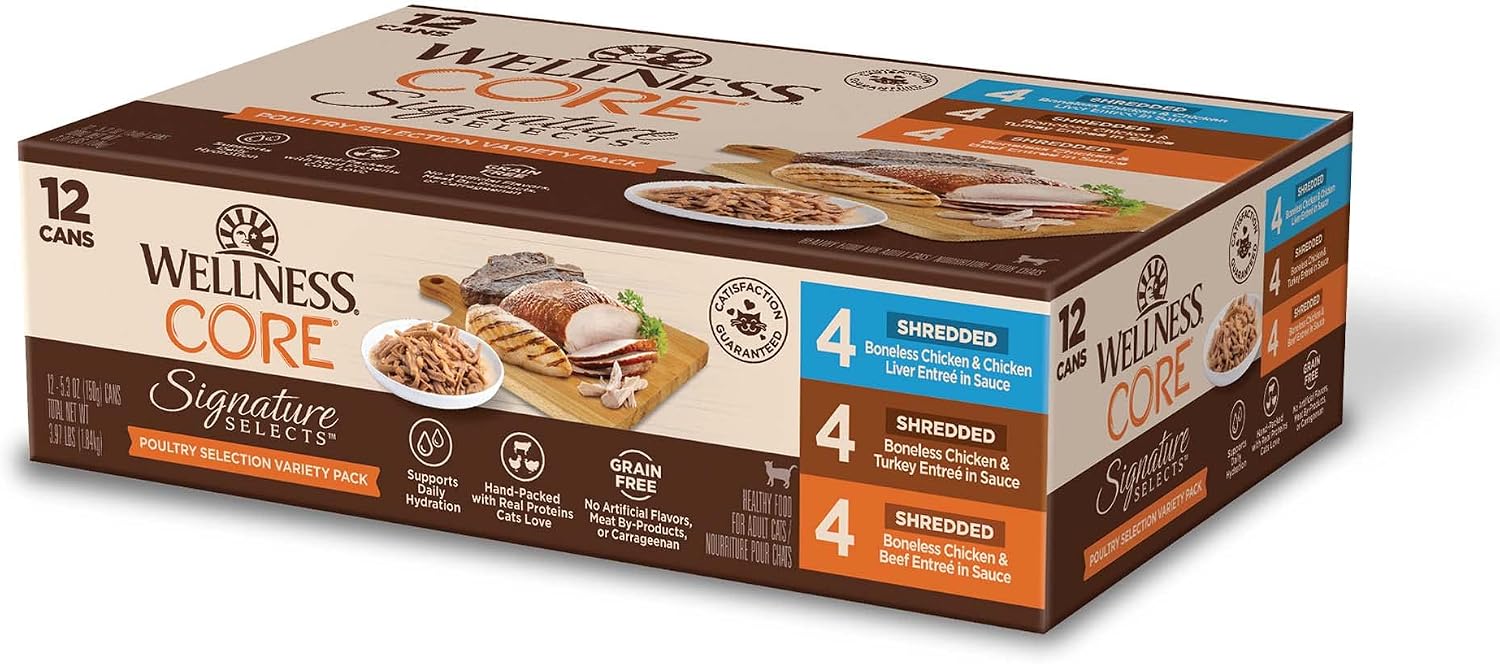 Wellness CORE Signature Selects Variety Pack Adult Canned Wet Cat Food, Natural, Protein Rich, Grain Free, Poultry Recipes, 5.3 oz, Pack of 12 Cans