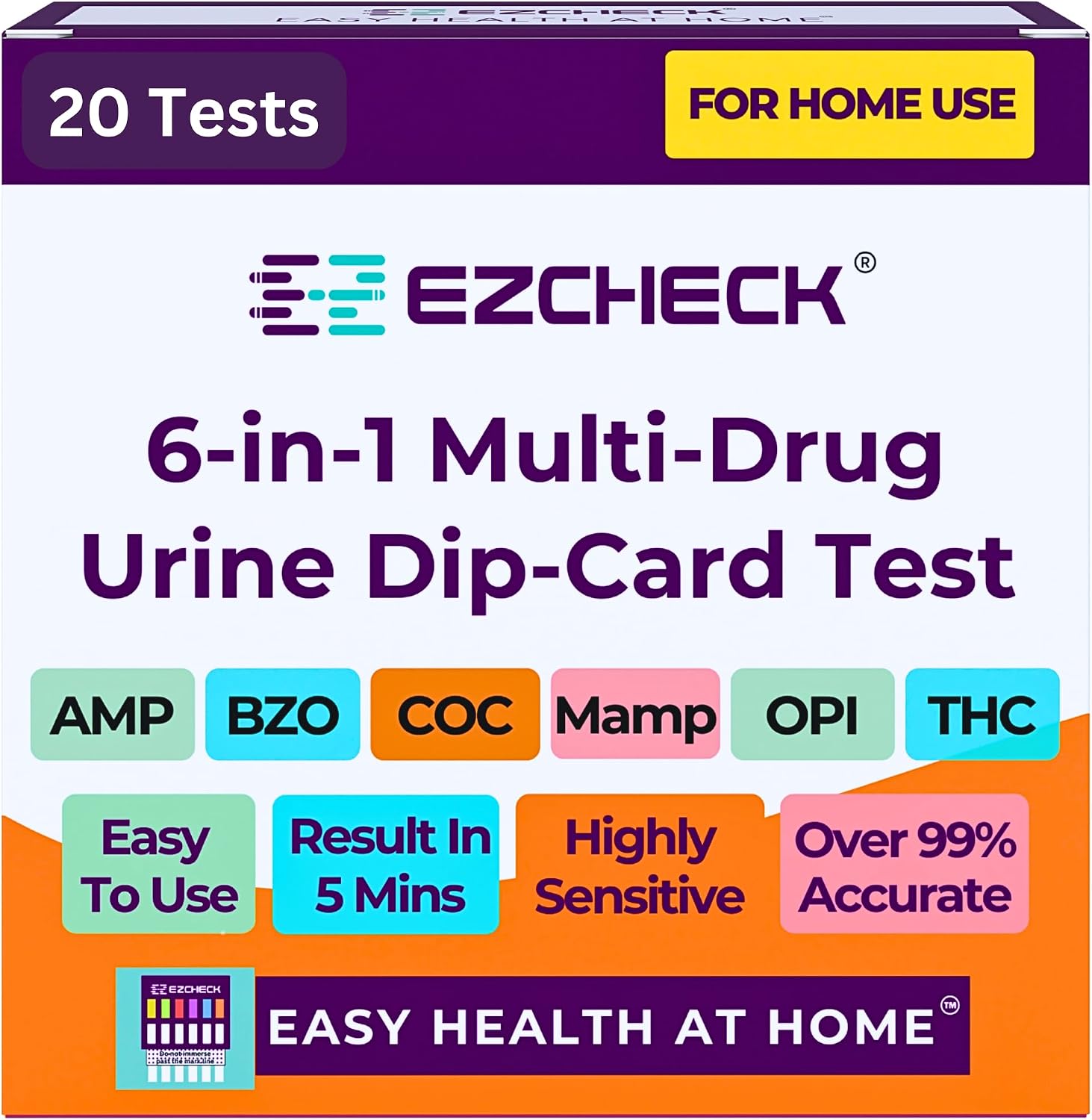 [20 Pack] EZCHECK® 6-Panel Drug Test - at-Home Rapid Urine Screening Kit for 6 Most Used Drugs: (THC-Marijuana, BZO-Benzos, MET-Meth, OPI/MOP-Opiates, AMP-Amphetamine, COC) - FSA/HSA Eligible