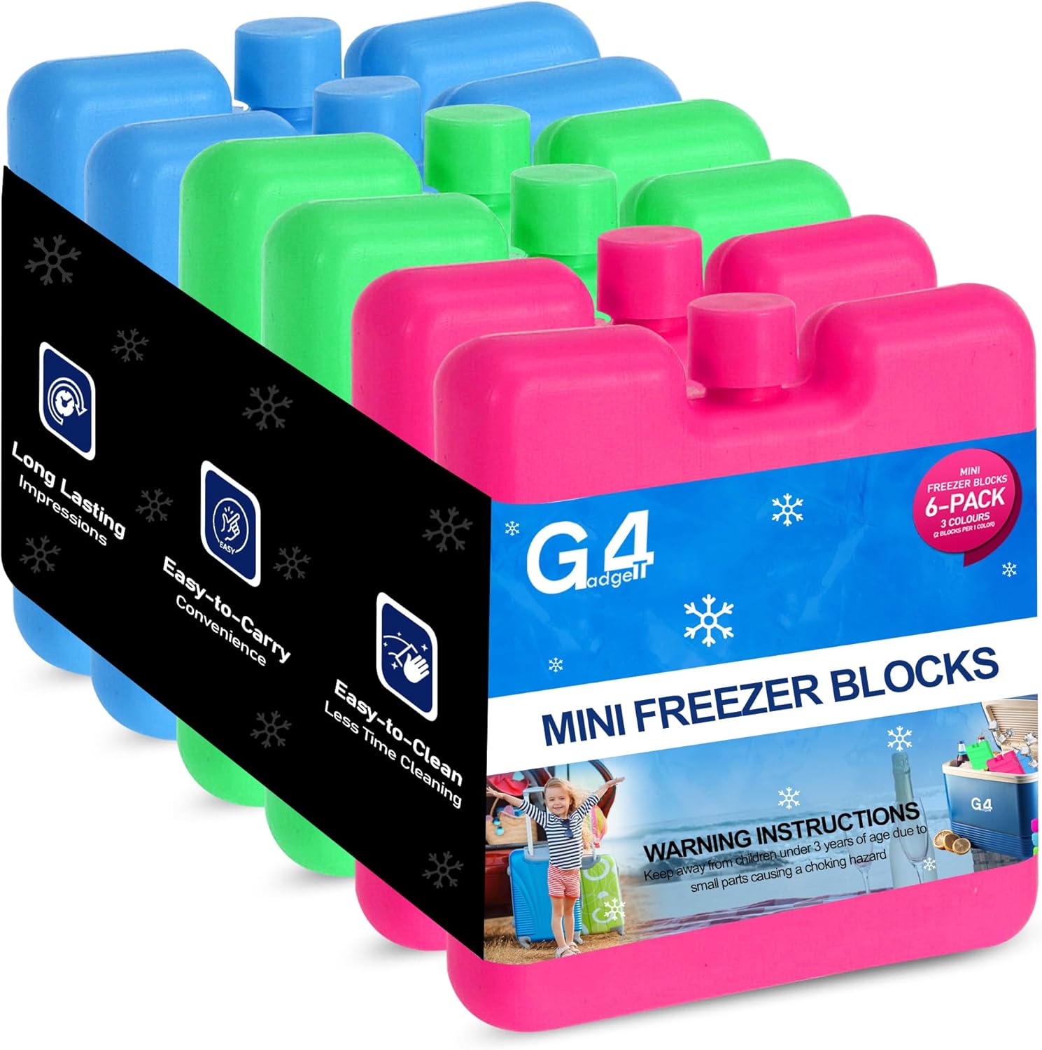 G4GADGET 8cm Freezer Blocks Pack of 6 | Reusable Ice Packs for Lunch Boxes, Cooler Bags, Picnic, Travel, Camping & Outdoor Activities | Quick Freeze Design