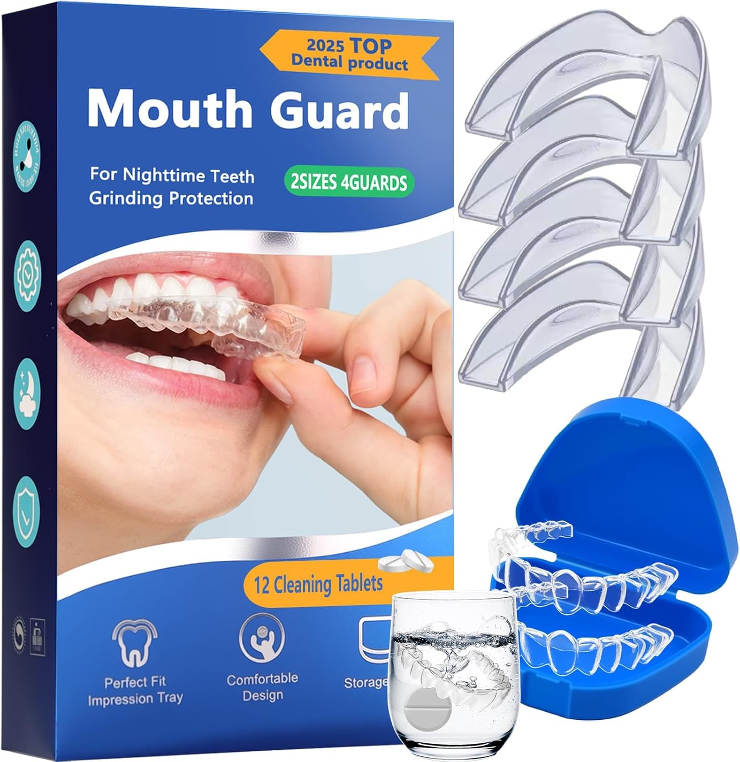 Mouth Guard for Teeth Grinding - 4 Pack Teeth Grinding Guard with 2 Sizes & 12 Cleaning Tablets | Night Guard Stop Teeth Clenching, Suitable for Adults and Children1.9 * 2.2in+1.7 * 2.4in