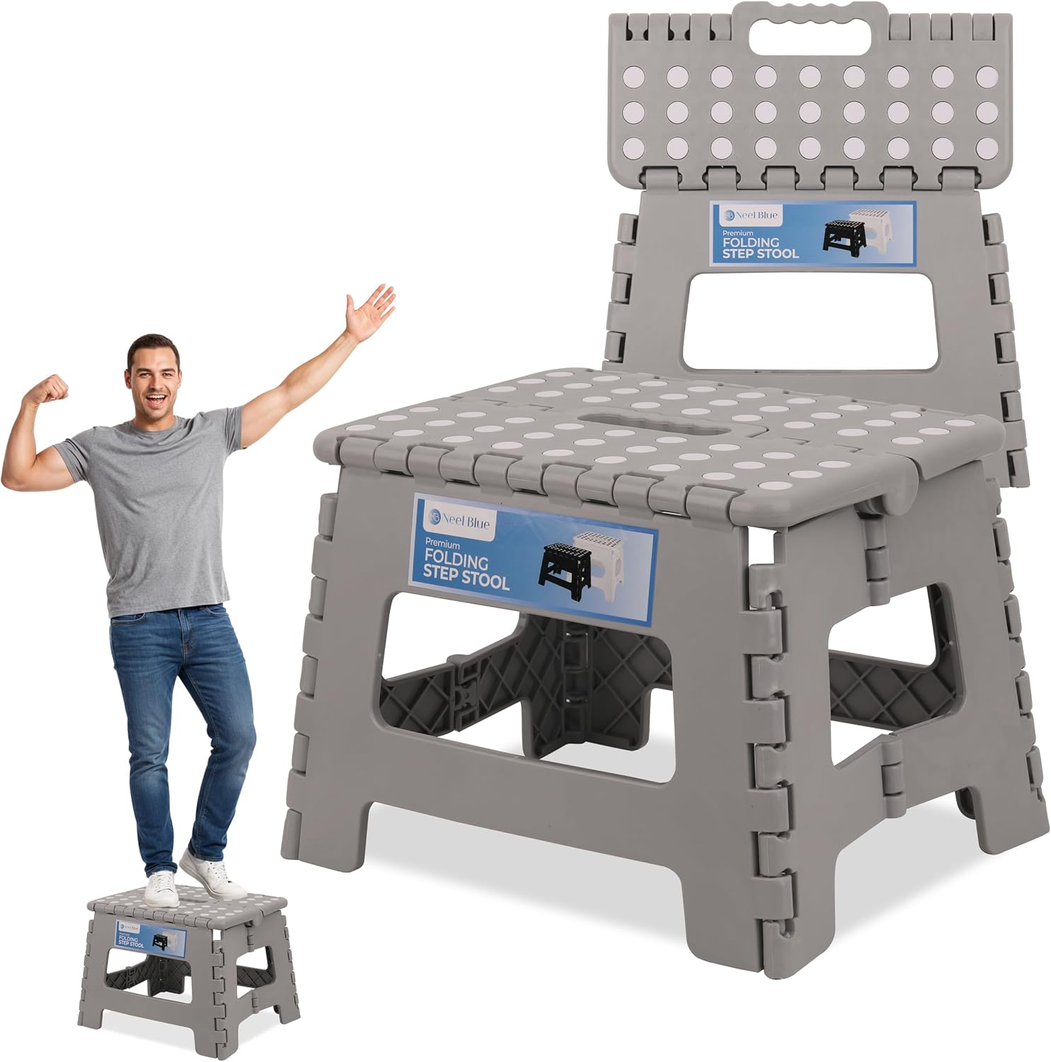 Trimming Shop Heavy Duty 9 Inch Folding Step Stool with Carry Handle Anti Slip Surface Portable Plastic Foldable Camping Stool for Kitchen Bathroom Indoor/Outdoor Use 330lbs Load Capacity - Light Grey