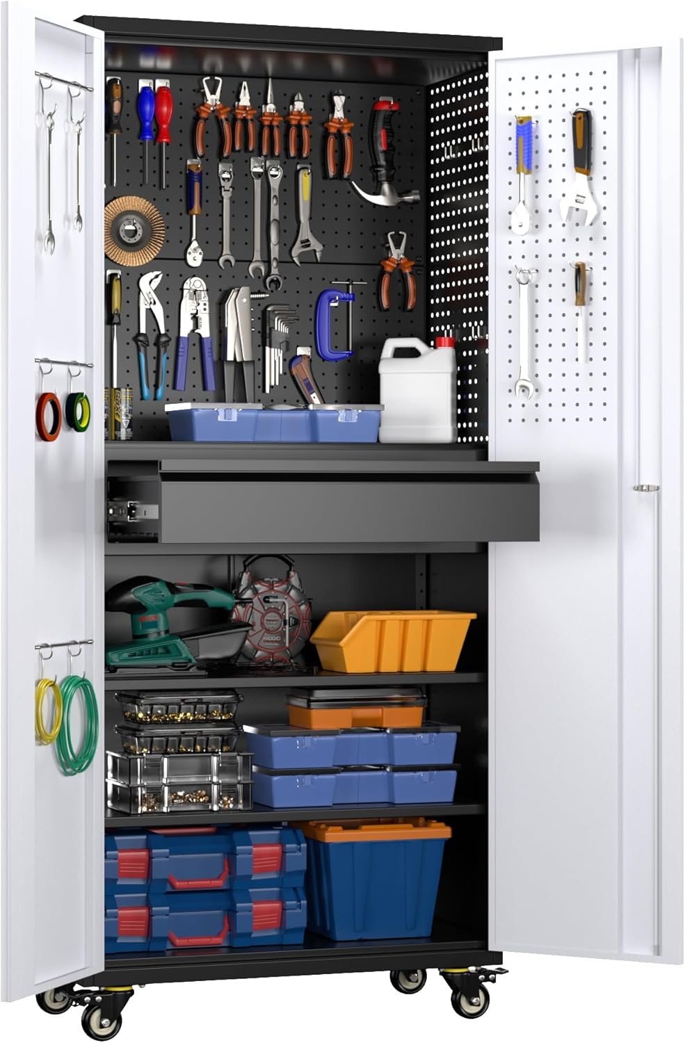 METAN 71" H Metal Storage Cabinet with Wheels with 5 Pegboards and 1 Drawer,Lockable Steel Tool Cabinet for Garage,Warehouse,Assembly Required,Black+Gray