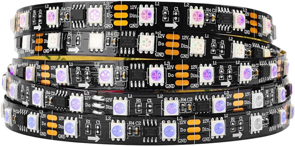 BTF-LIGHTING WS2811 IC Addressable Dream Color LED Strip 16.4FT 60LEDs/m 20Pixels/m 300LEDs 100pixels IP30 Non-Waterproof Black PCB Flexible DC12V Chasing Effect for Bedroom Desk Home Decoration