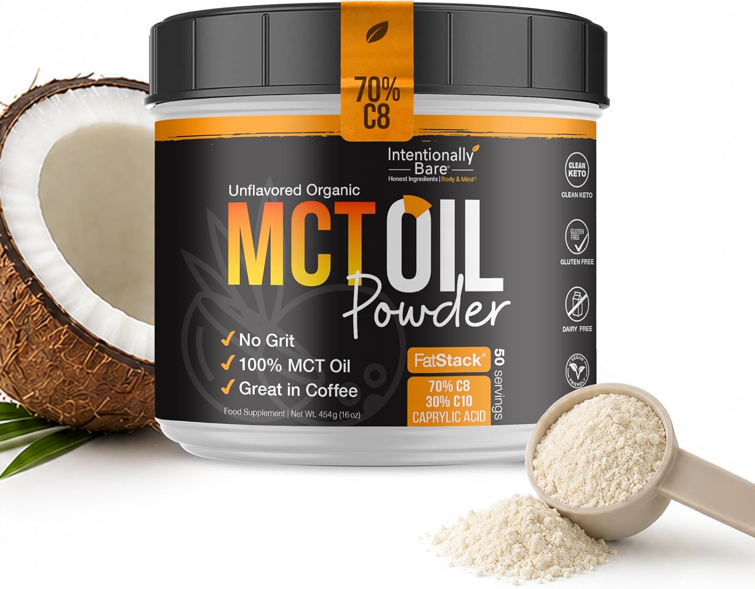 Intentionally Bare MCT Oil Powder - Unflavored – Zero net Carbs 16oz