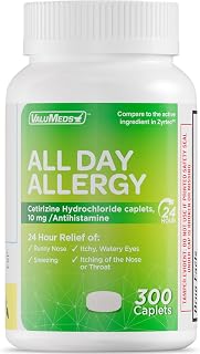 ValuMeds 24-Hour Allergy Medicine (300-Count) Antihistamine for Pollen, Hay Fever, Dry, Itchy Eyes, Allergies | Cetirizine HCl 10mg Caplets, Compare to Zyrtec