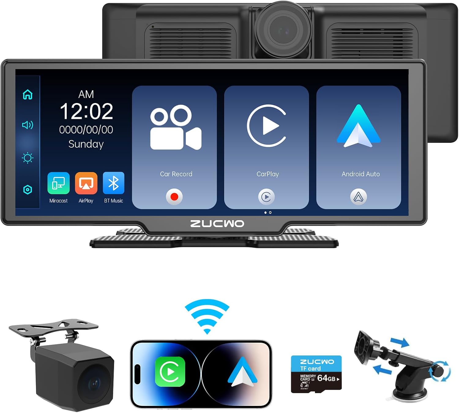 10.26 Inch Wireless CarPlay Screen for Car, Apple CarPlay & Android Auto Touch Screen Car Stereo with 4K Dash Cam, Rear Camera, Bluetooth, Mirror Link, GPS Navigation, FM, Voice Control for Vehicles