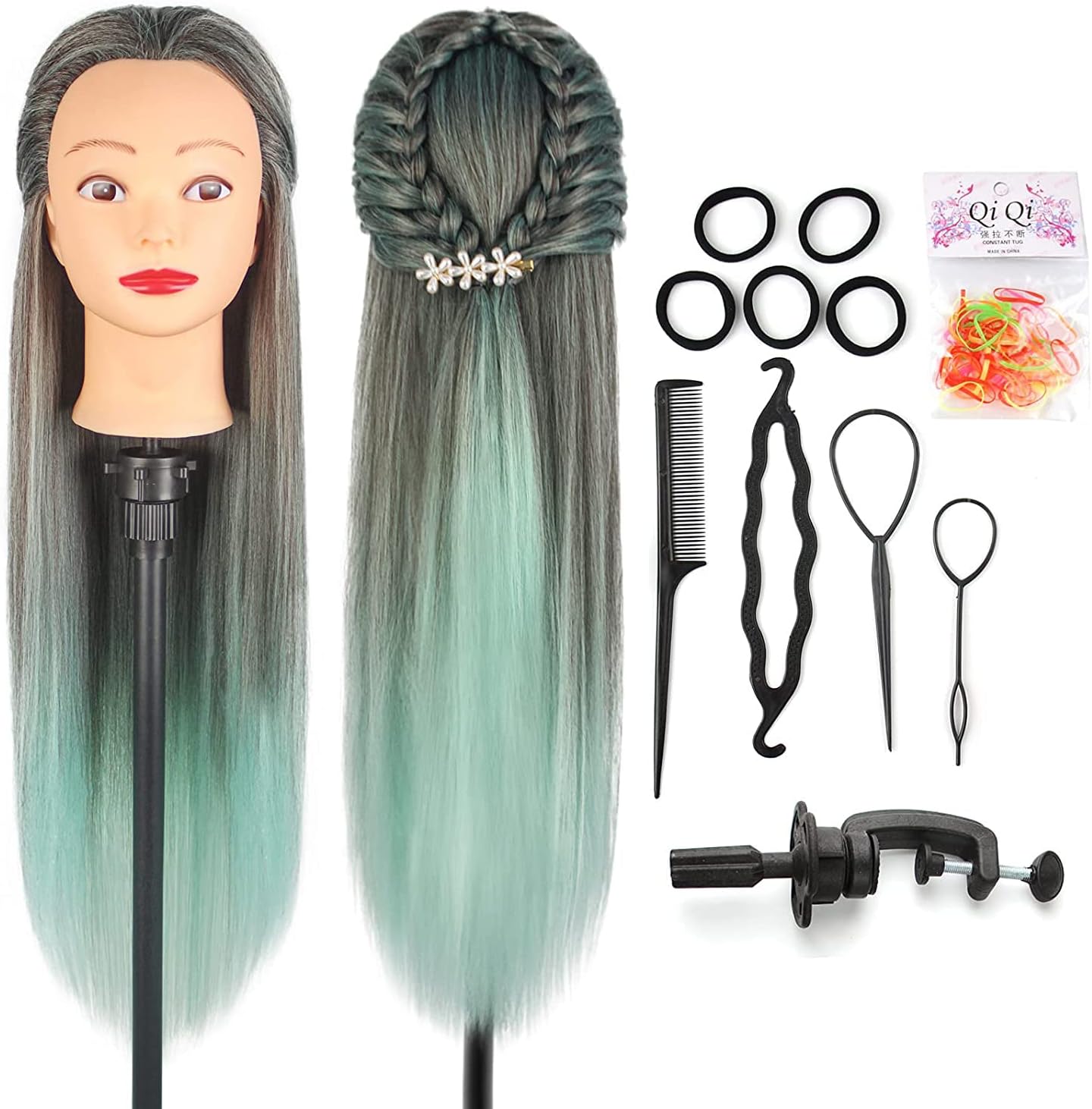 Hairdressing Head, Auzass Soft Training Head 100% Synthetic Fiber Hair Mannequin Dolls Head for Practicing Hairstyles with Table Clamp+Braiding Set, Presents for Girls Kids Hairdressers