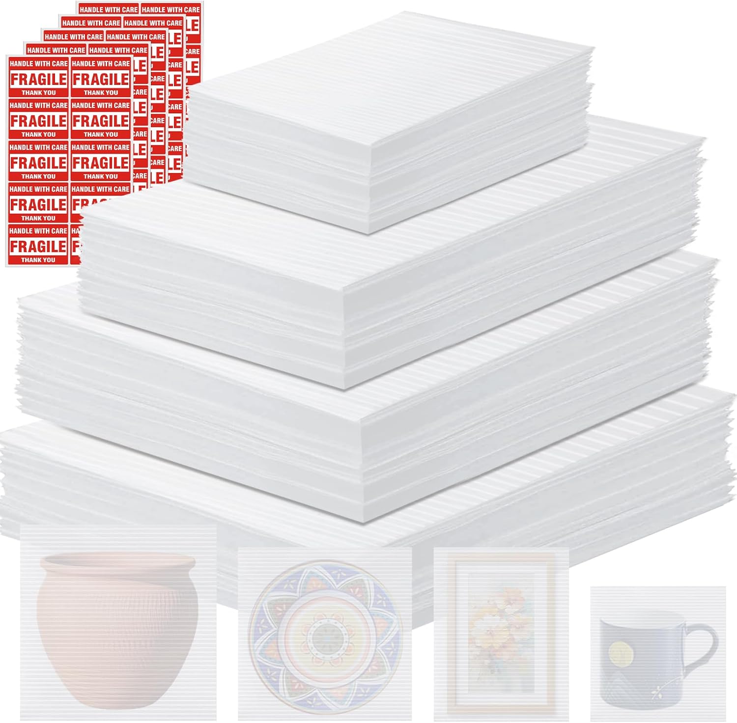 250PCS Packaging Supplies,200 Pack Foam Pouches 4 Sizes(14"x14", 12"x12", 12"x7.5", 7.5"x7.5") with 50 Fragile Stickers,Cushion Foam Pouch for Moving,Packing,Transportation,Storage
