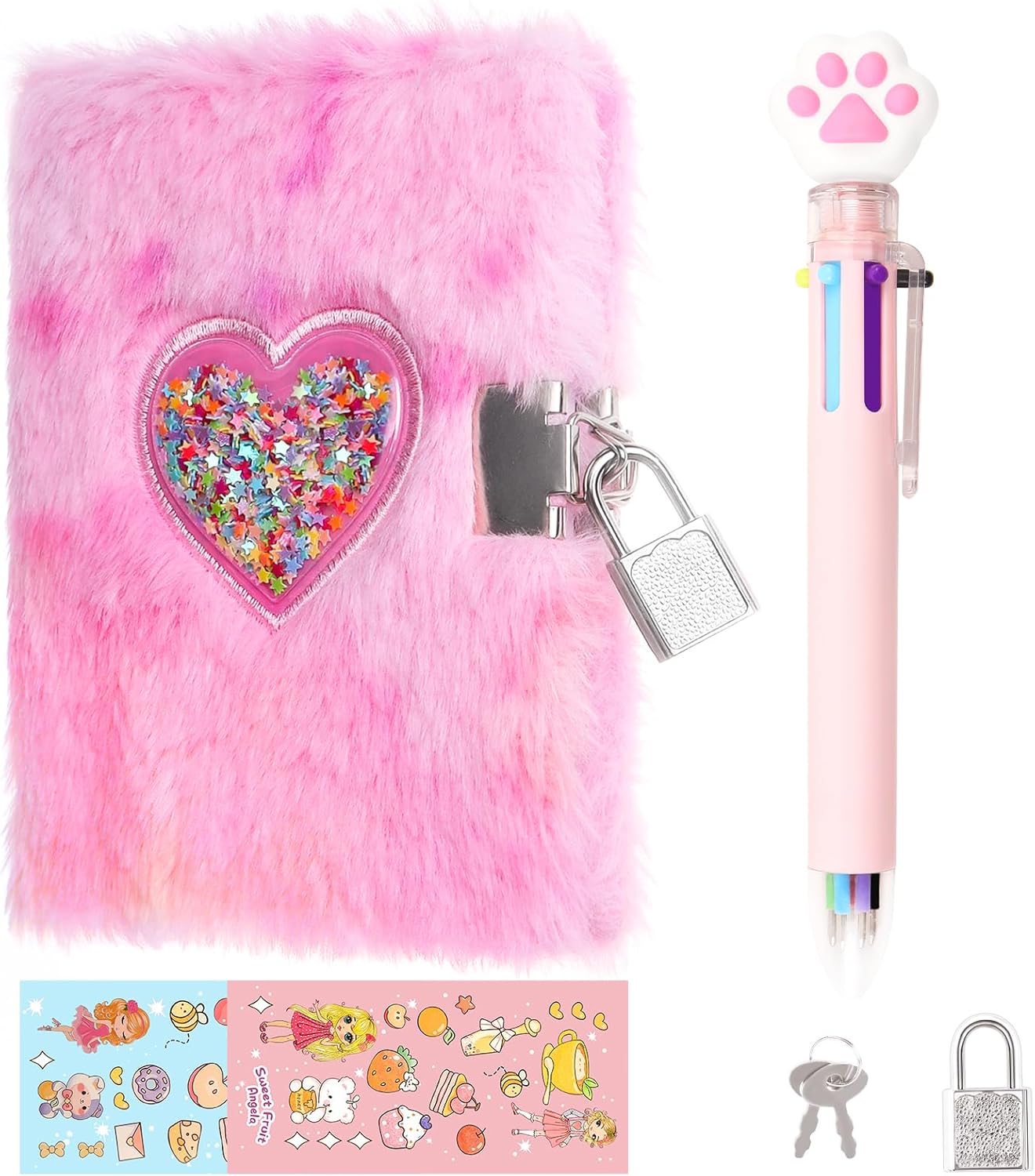 MINI Heart Diary for Girls with Lock and Keys, 4.7x6.1in Cute Plush Diary Secret Diary, Writing Journal Lined Pages Notebook Sequined Design Birthday Gift Set for Kids ages 6-8