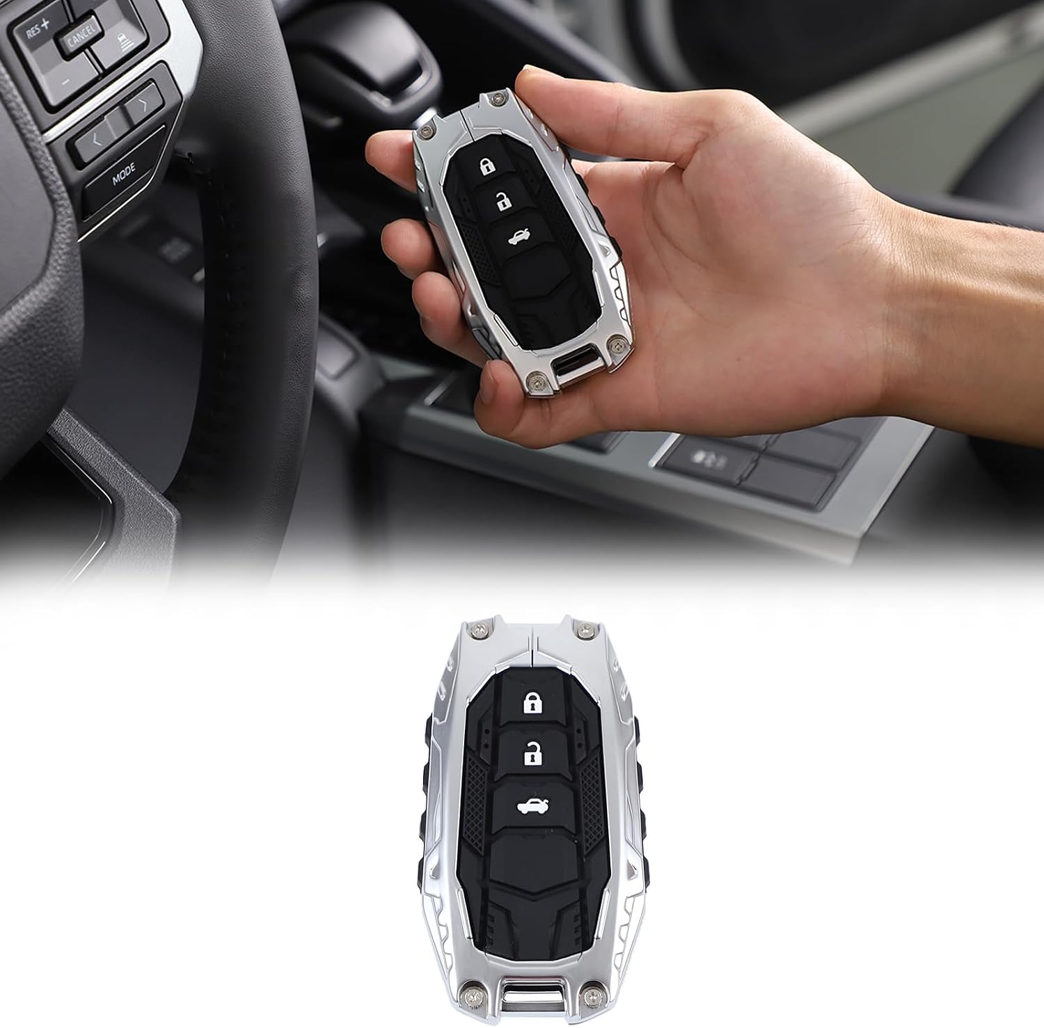 Key Fob Cover Compatible with Toyota Land Cruiser 250 Prado J250 LC250 2024 2025 2026 Accessories, Zinc Alloy Protection Key Fob Case Cover (Silver)