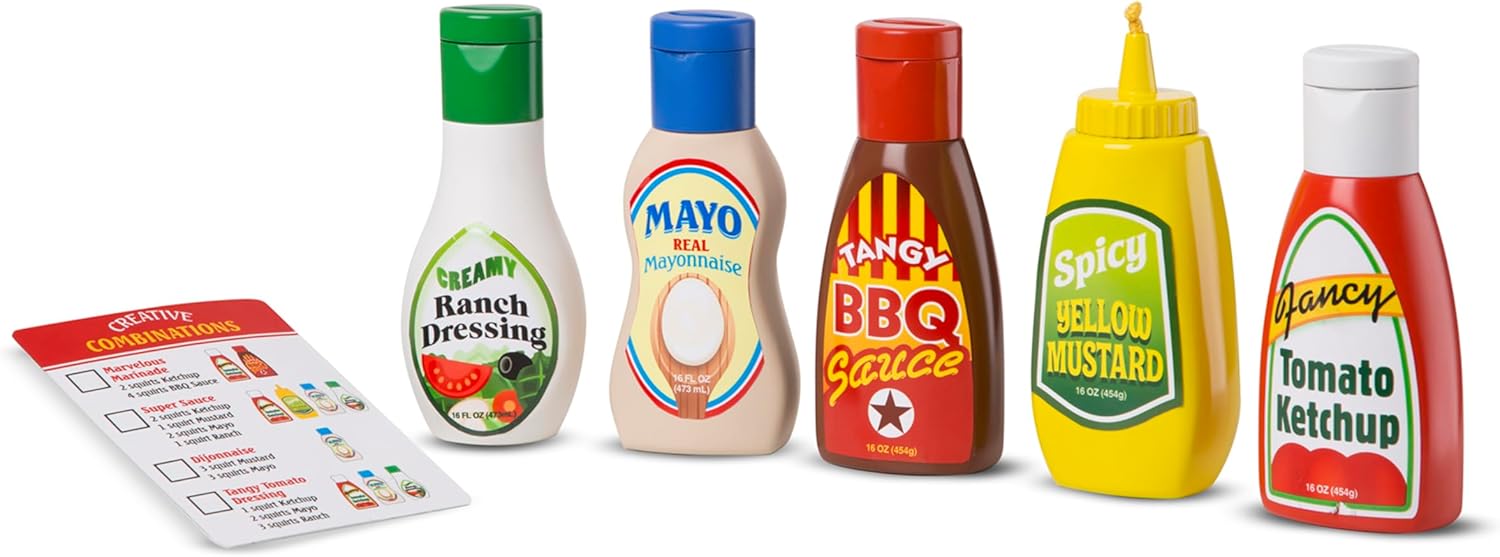 Melissa & Doug 5-Piece Favorite Condiments Play Food Set Play Ketchup and Mustard Bottles, Pretend Food Set For Kids Ages 3+