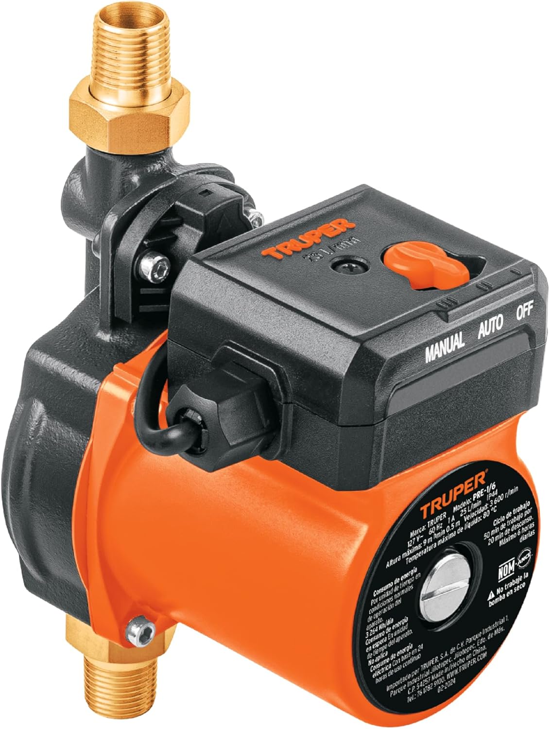 Truper 1/6 HP Pressurizing Pump, Black, Industrial, Plastic, 25 L/min Flow, 9m Max Height