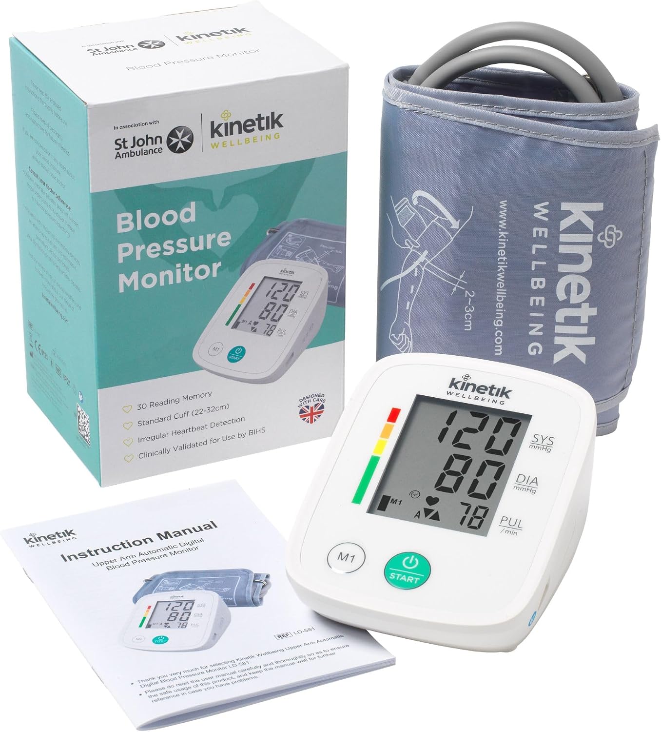 Kinetik Wellbeing Blood Pressure Monitors for Home Use, Automatic Upper Arm | Fully Automatic Blood Pressure Monitor, Clinical Grade BP Machine, Standard Cuff 22-32cm, Digital Sphygmomanometer