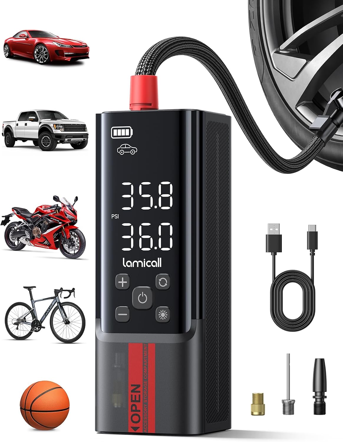 Lamicall Cordless Tyre Inflator Air Compressor - [Metal Cylinder] 150PSI Electric Pump with Digital Dual-Value Display, Portable Air Pump for Car Motorcycle Bike Balls, with Long Hose, Silicone Case