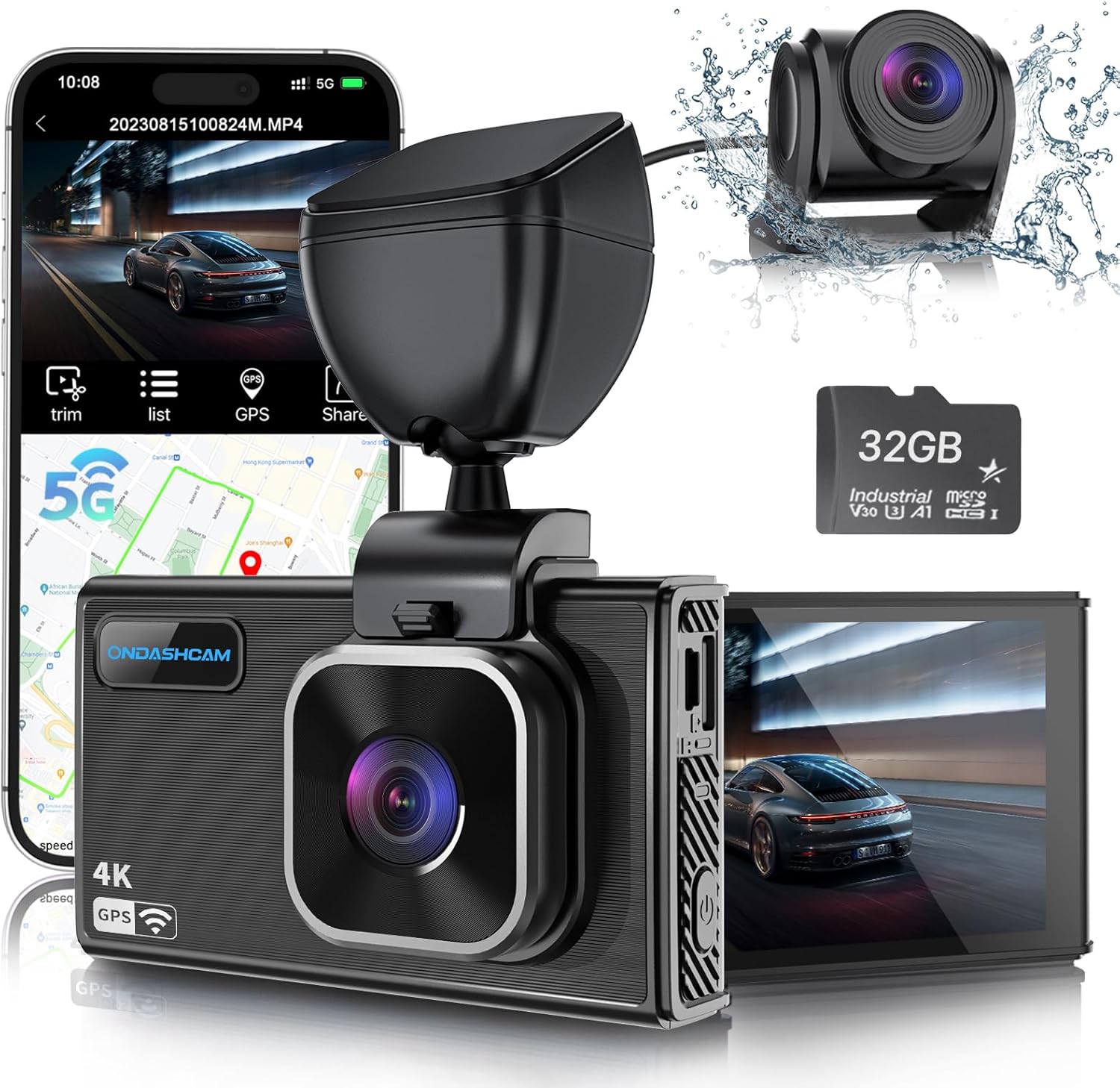 Dash Cam Front and Rear with 32GB Card, 4K/1080P Full HD Dashcam for Cars, Built-in WiFi, GPS, 170°Wide Angle, G-Sensor, Night Vision, Loop Recording, APP Control, Max 512GB
