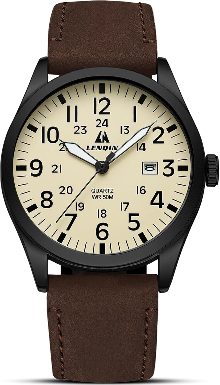 LN LENQIN Mens Watches Military Watches for Men Analog Quartz Watch Waterproof Men's Wrist Watches with Date Tactical Field Watch Leather Band