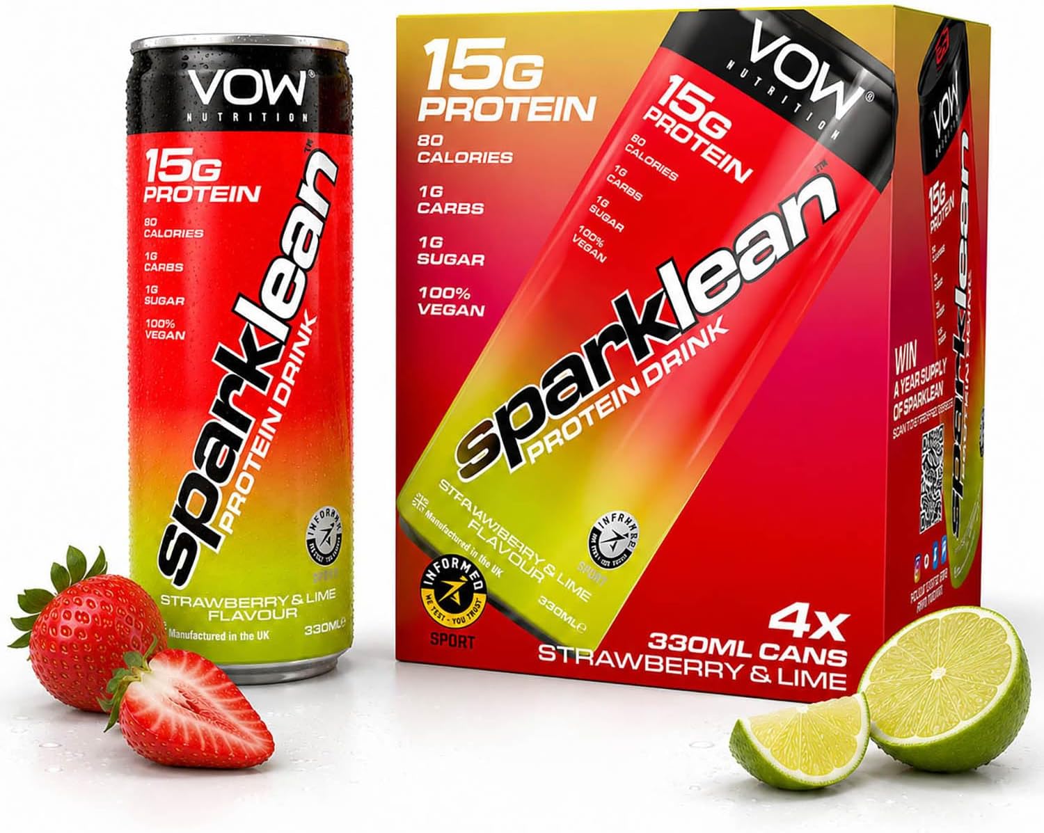 Sparklean Sparkling Protein Drink | 15g Vegan Pea Protein | Carbonated Ready to Drink (RTD) | Only 80 Calories | Informed Sport Certified | 4 x 330ml Multipack, Strawberry & Lime