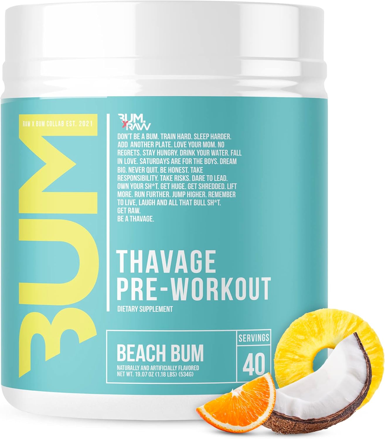 RAW Pre Workout Powder, Thavage (Beach Bum) - Chris Bumstead Sports Nutrition Supplement for Men & Women - Cbum Pre Workout for Working Out, Hydration, Mental Focus & Energy - 40 Servings