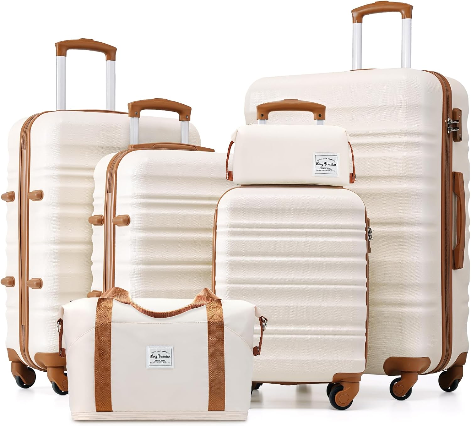 LONG VACATION 6 Piece Luggage Set Carry on Suitcase with ABS+PC hardshell, Spinner Wheels & YKK Zipper TSA Lock (BEIGE-BROWN, 6 piece set)