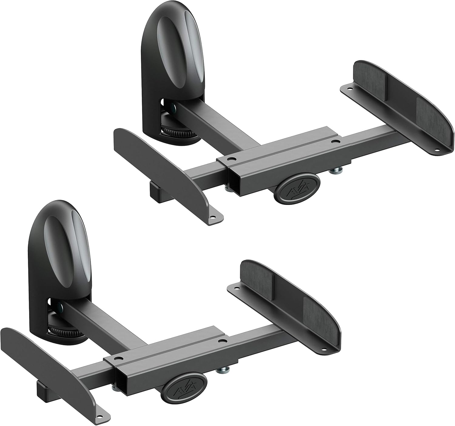 mahara Black Universal Speaker Mounts - Pair of swivel & tilt speaker brackets - Side clamping - Max Weight 20Kg - Max swivel 130°- Max tilt 20°