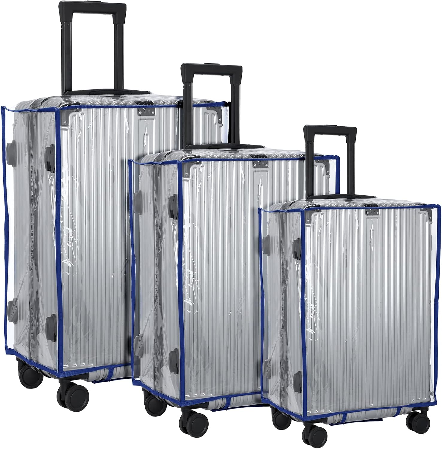 3 Pcs PVC Luggage Cover Waterproof Transparent Suitcase Cover Thicken Luggage Protector for Travel, Fits 20" 24'' 28" Case(Navy Blue)