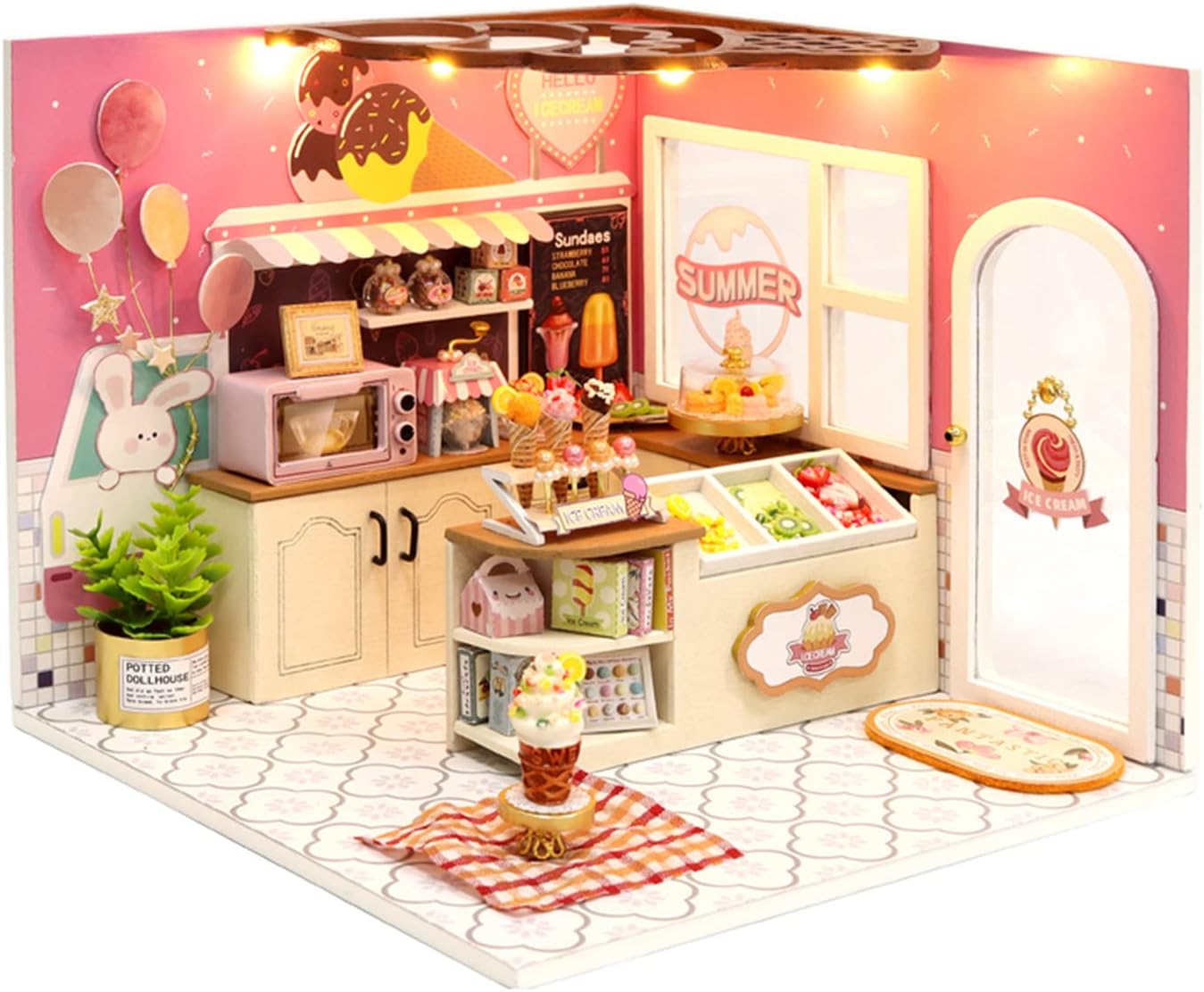 Flever Dollhouse Miniature DIY House Kit Creative Room with Furniture for Romantic Valentine's Gift (Happiness ice Cream Shop)