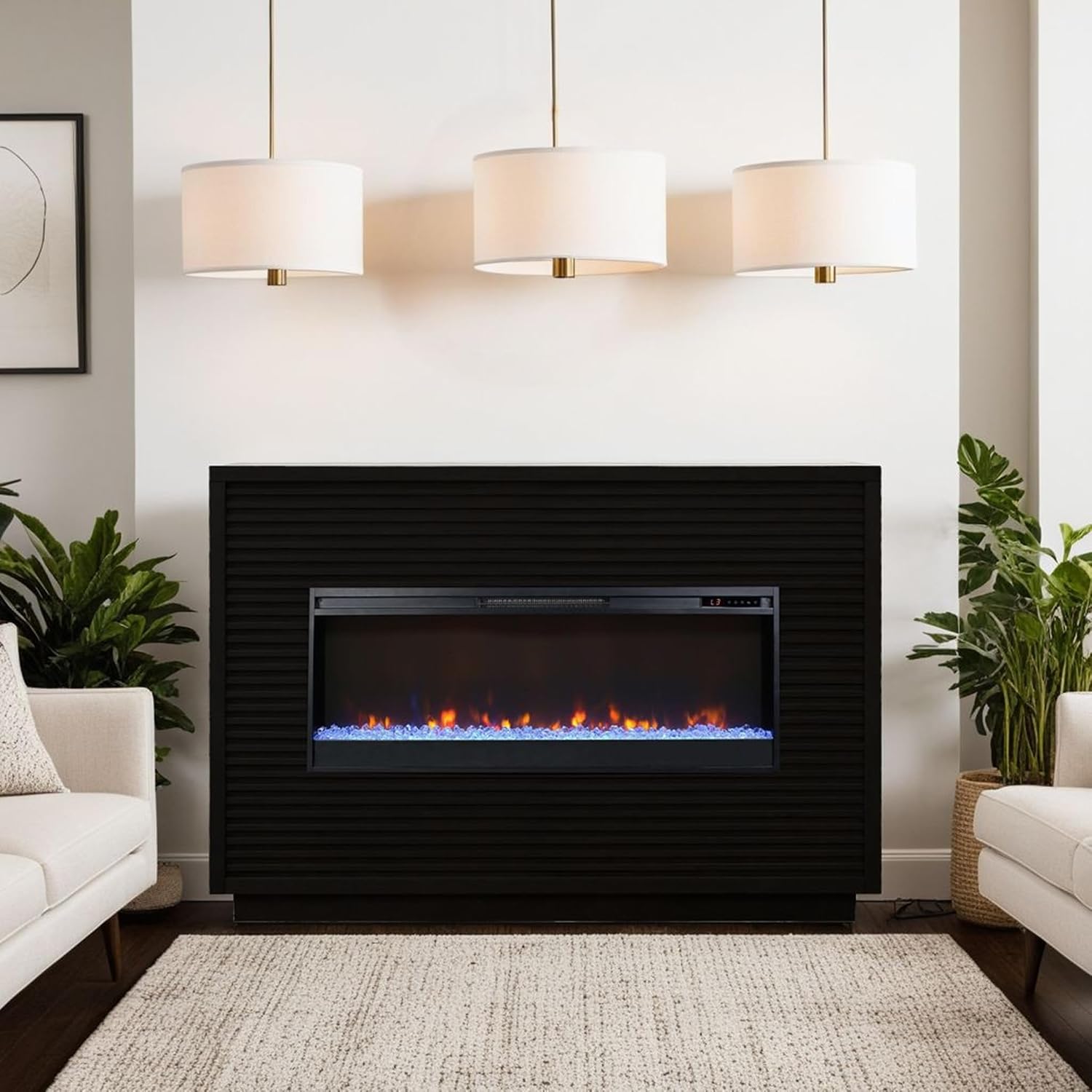 62-inch Fireplace Mantel with Black Finish – 7 Flame Color Options, Modern Living Room Decor, Cozy Home Atmosphere|Wood Crafted Electric Fireplace Insert with Remote Control & Adjustable Heat Settings