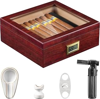 Flauno Cigar Humidor with Torch Lighter, Cigar Cutter, Cigar Ashtray, Cigar Holder, Digital Hygrometer, Divider, Spanish Cedar Wood, up to 60 Cigars, High Gloss Finish Cigar Box for Cigar Lovers